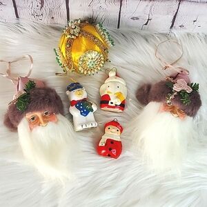 Christmas Ornament Lot of Six Vintage & Modern Cottagecore Woodsy Santa Claus